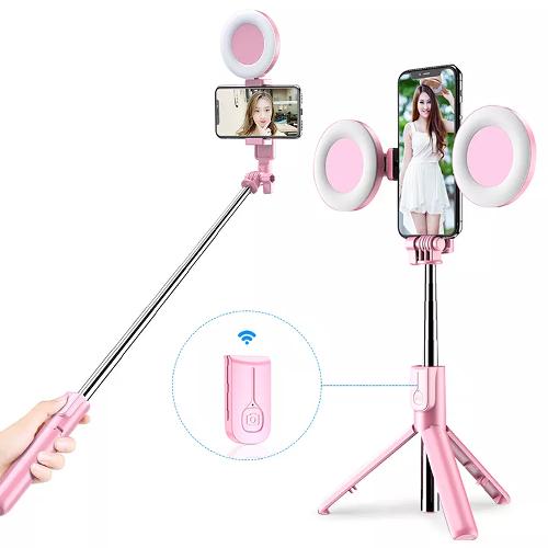 Bærbar selfie-stick med stativ og lys